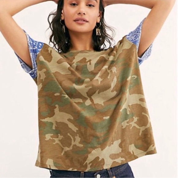 Free People We the Free Clarity Army Camo Bandana Blue T-Shirt XS - Picture 3 of 12